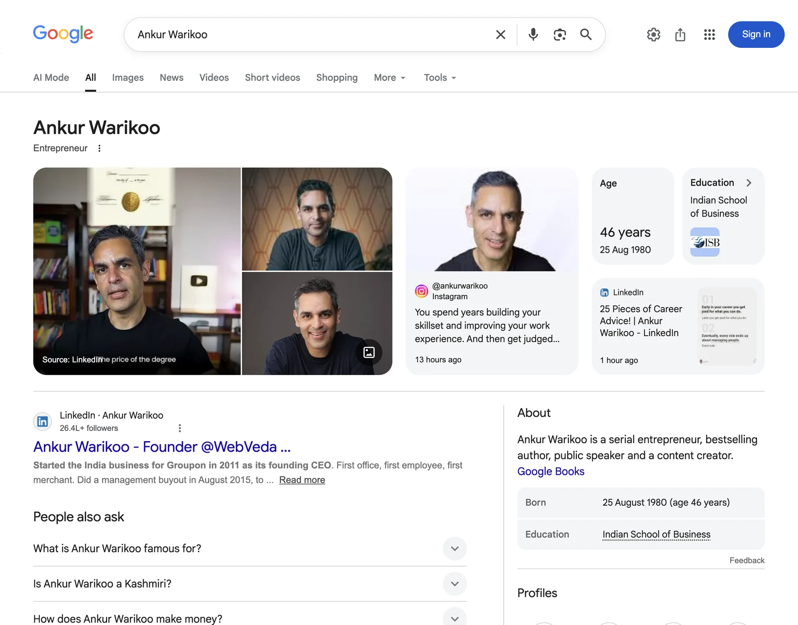 Google search results page for Ankur Warikoo &mdash; Entrepreneur