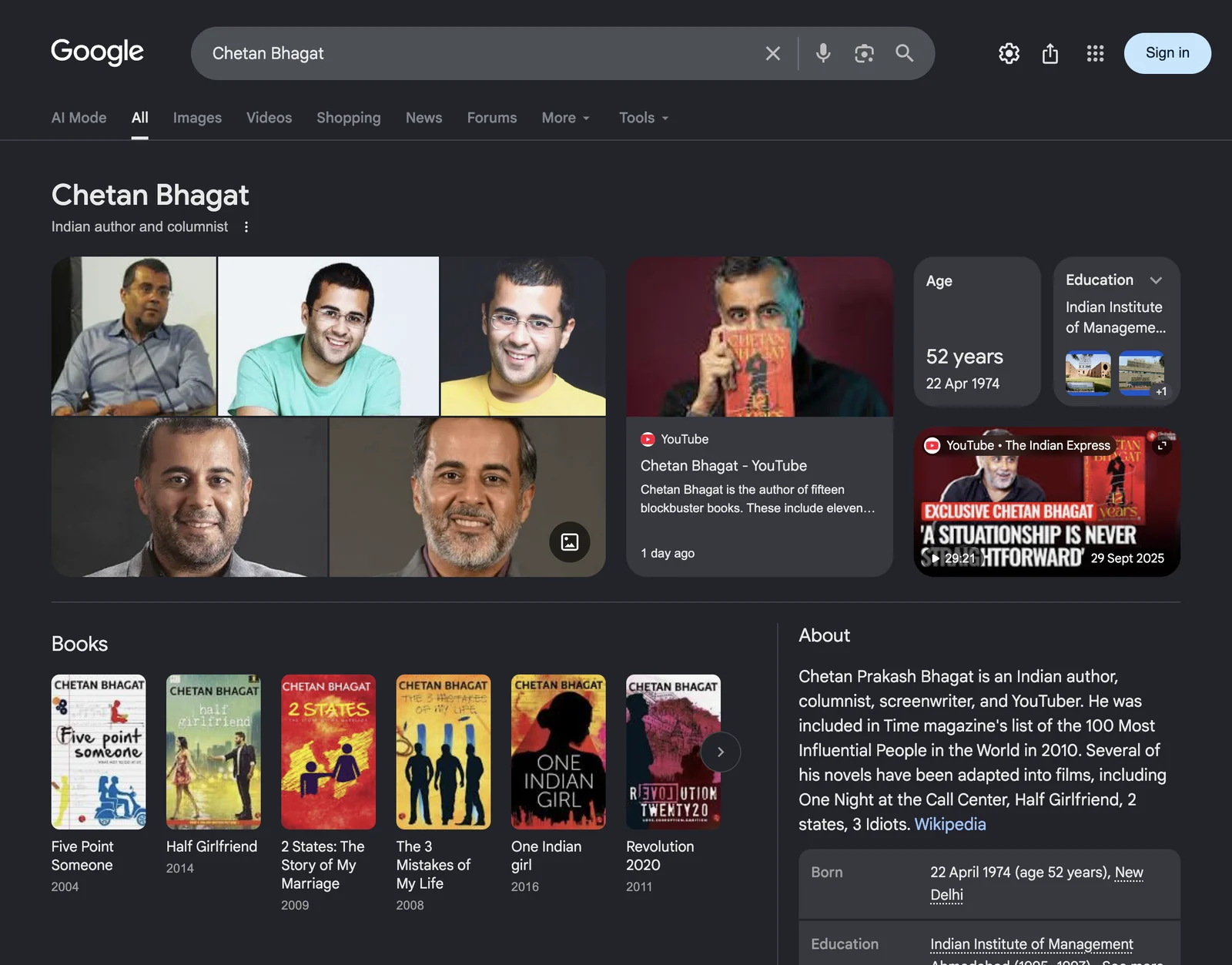 Google search results page for Chetan Bhagat &mdash; Indian author and columnist