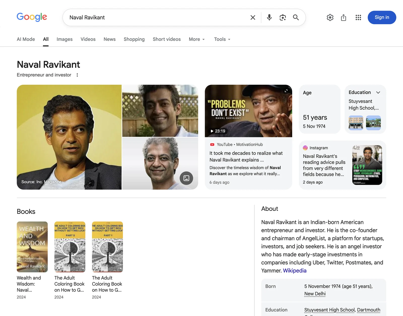 Google search results page for Naval Ravikant &mdash; Entrepreneur and investor