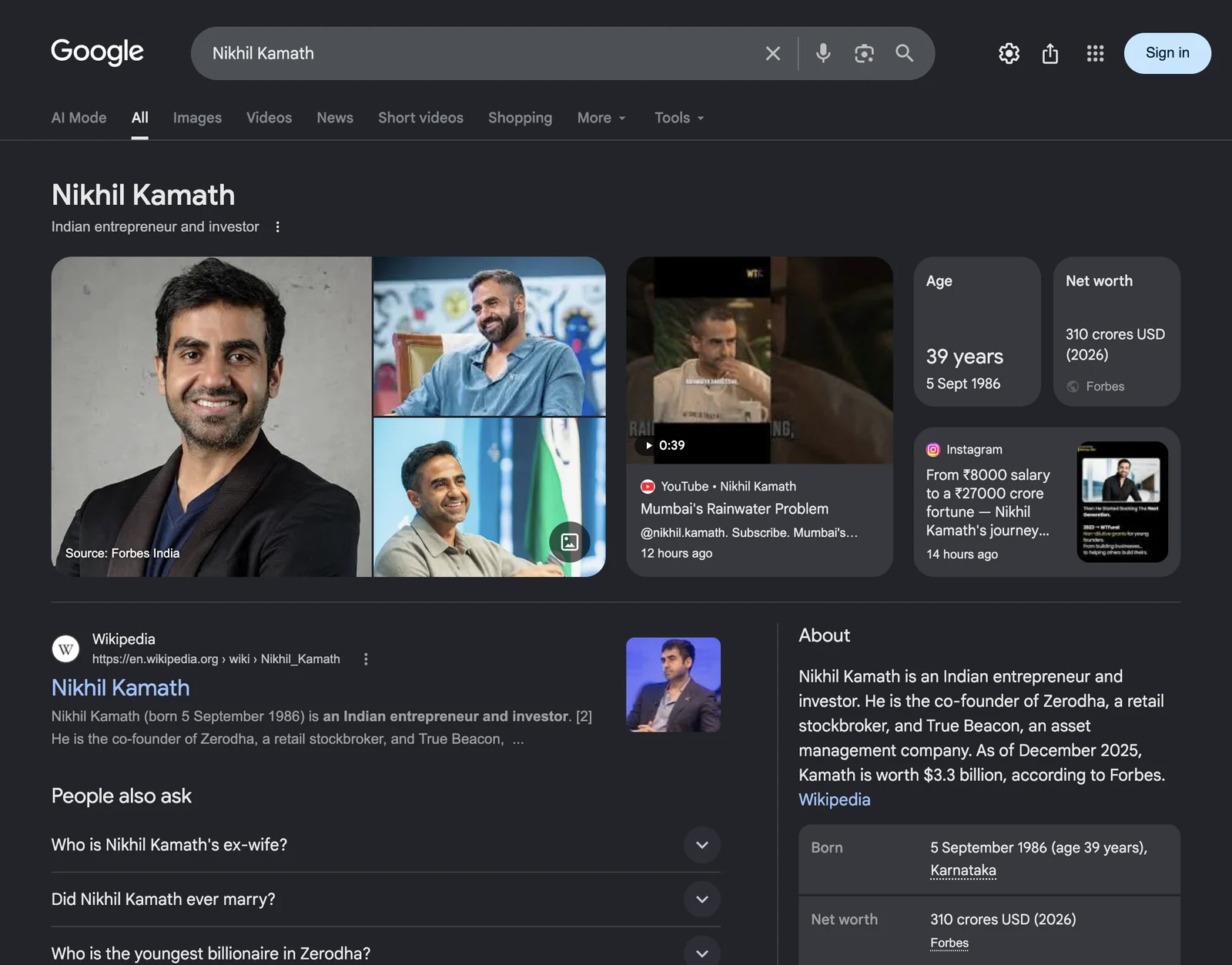 Google search results page for Nikhil Kamath &mdash; Indian entrepreneur and investor