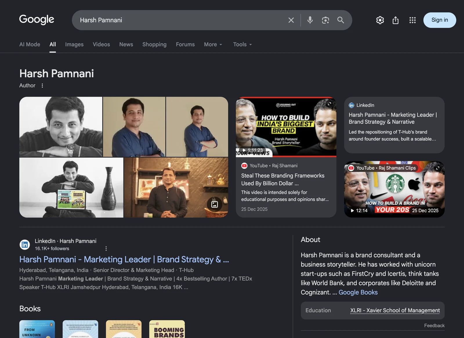 Google search result page for Harsh Pamnani, showing what Google displays for that name