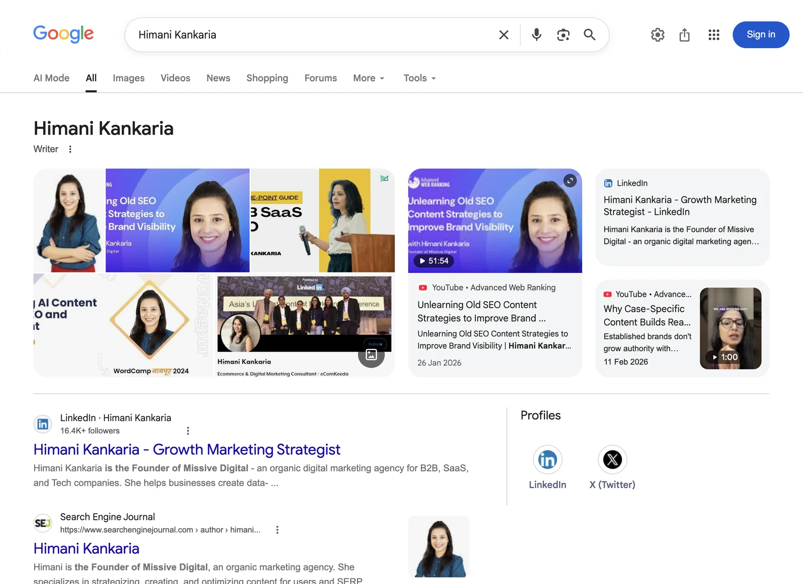 Google search result page for Himani Kankaria, showing what Google displays for that name