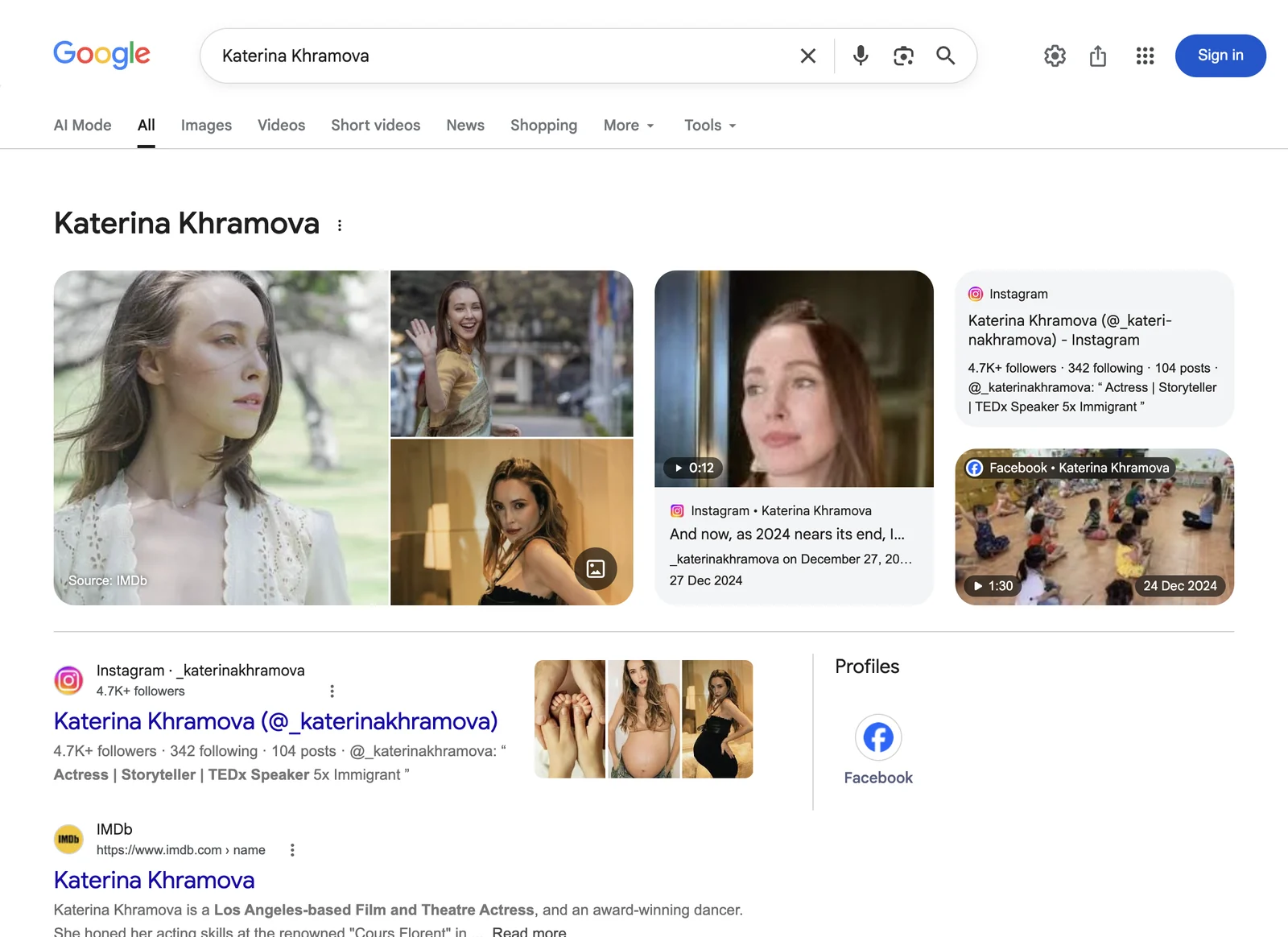 Google search result page for Katerina Khramova, showing what Google displays for that name