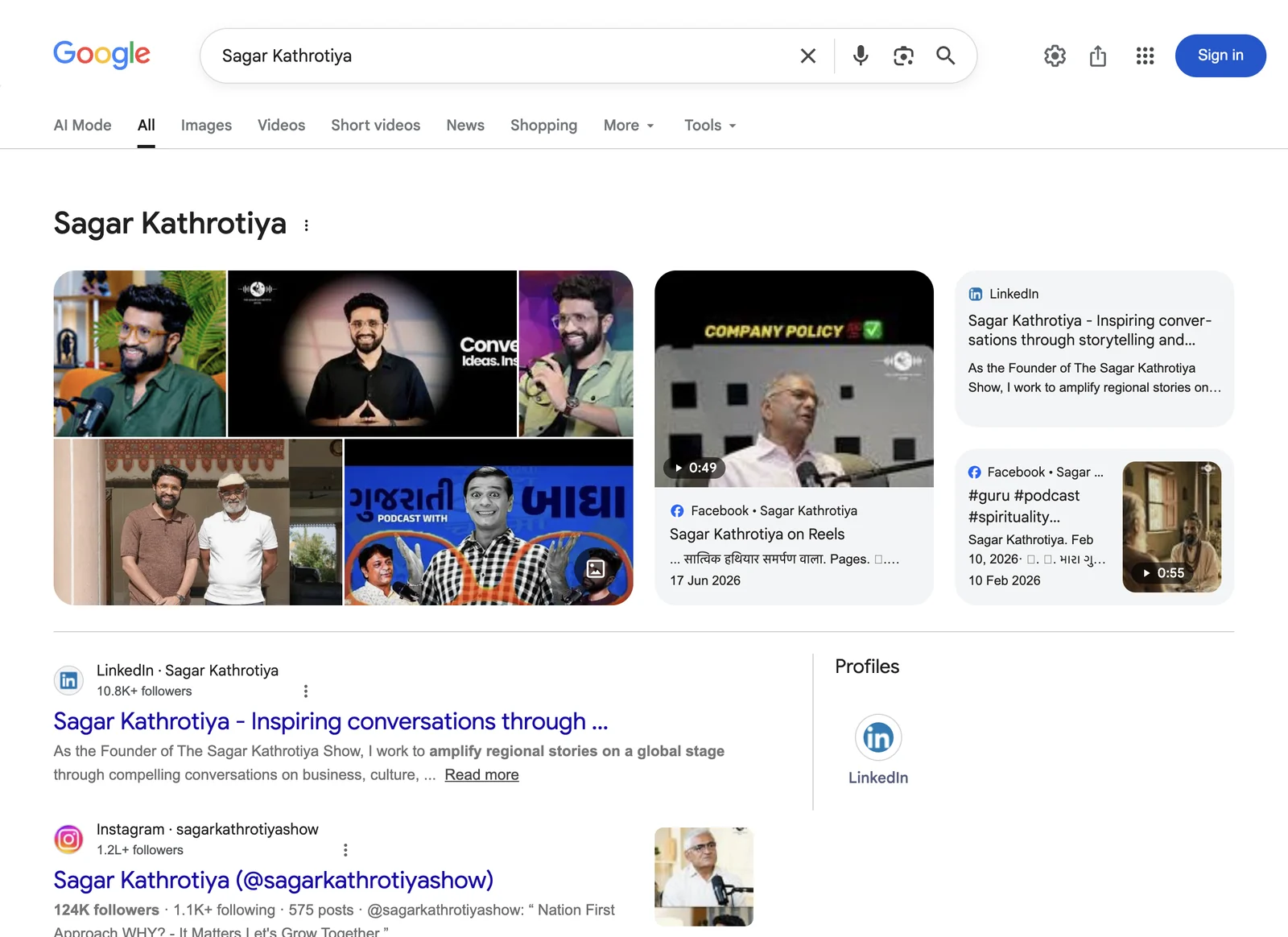 Google search result page for Sagar Kathrotiya, showing what Google displays for that name