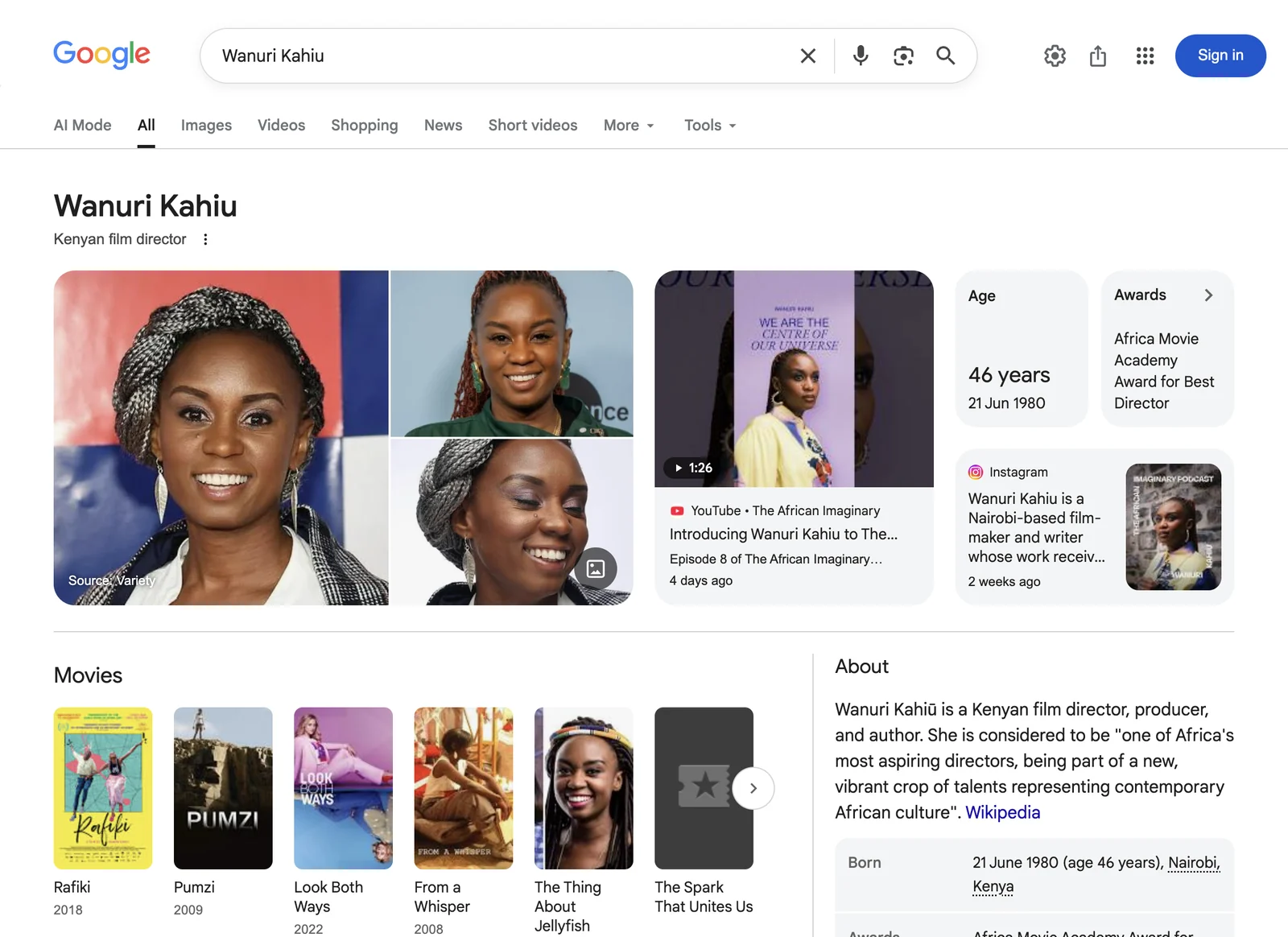 Google search result page for Wanuri Kahiu, showing what Google displays for that name